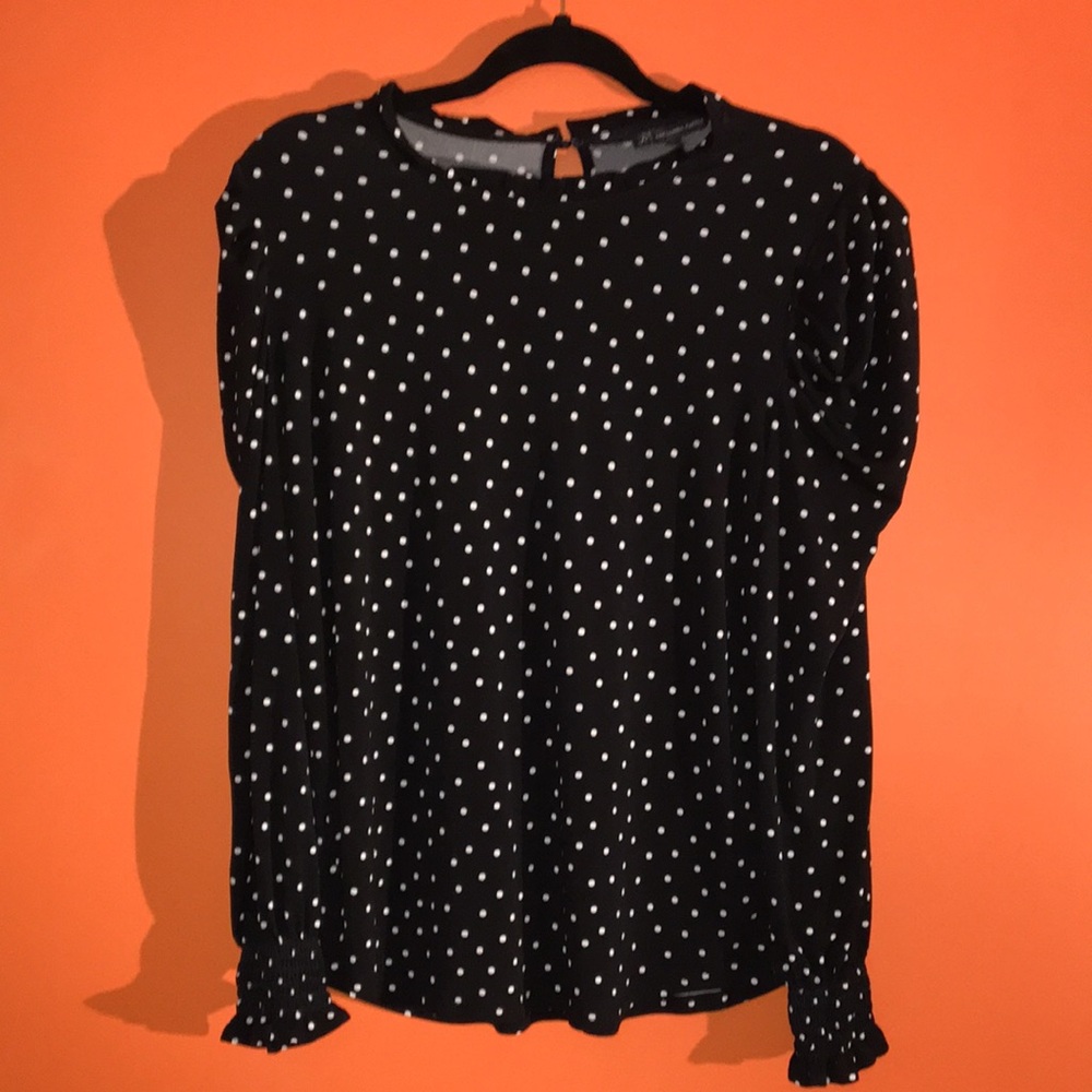 Black Polka Dot Long-Sleeve Blouse - Classic Women's Career Blouse Size Large